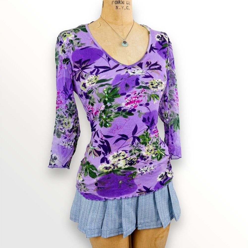 90S Womens XL Floral Mesh Sleeve Blouse Sequin Fairycore Tropical Coastal